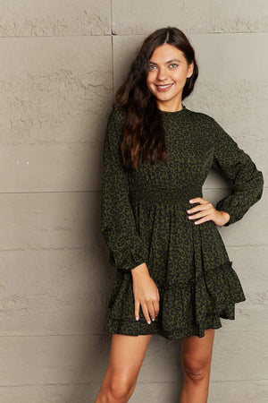 Honey Leopard Smock Waist Long Sleeve Dress - StyleLure