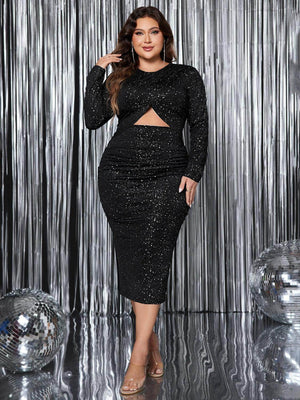Honey Plus Size Cutout Slit Round Neck Long Sleeve Dress - StyleLure