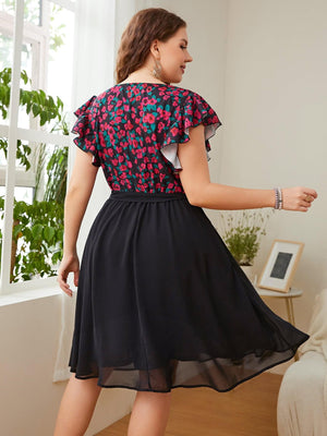 Honey Plus Size Floral Surplice Neck Flutter Sleeve Dress - StyleLure