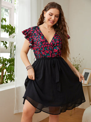 Honey Plus Size Floral Surplice Neck Flutter Sleeve Dress - StyleLure