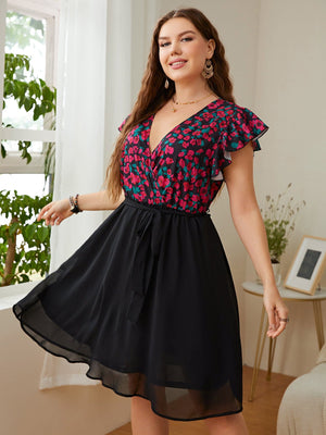Honey Plus Size Floral Surplice Neck Flutter Sleeve Dress - StyleLure