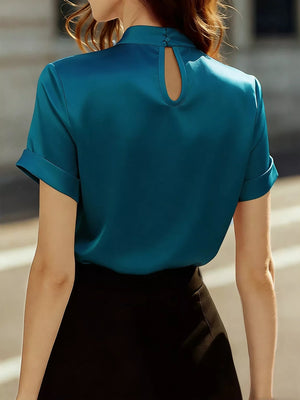 Keyhole Neck Satin Short Sleeve Blouse - StyleLure