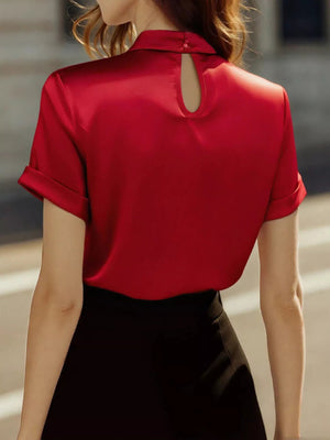 Keyhole Neck Satin Short Sleeve Blouse - StyleLure
