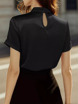Keyhole Neck Satin Short Sleeve Blouse - StyleLure
