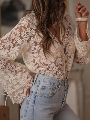Lace Button Up Long Sleeve Shirt - StyleLure