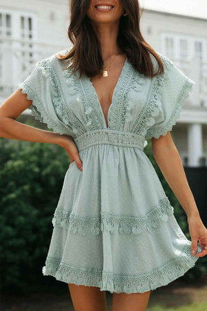 Lace Detail Plunge Short Sleeve Mini Dress - StyleLure