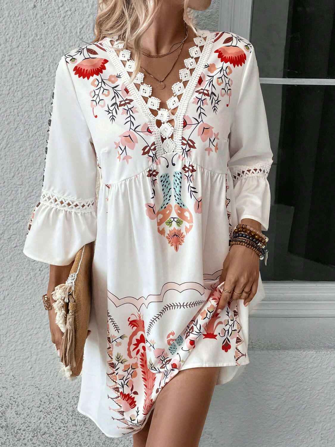 Lace Detail Printed Three - Quarter Sleeve Dress - StyleLure