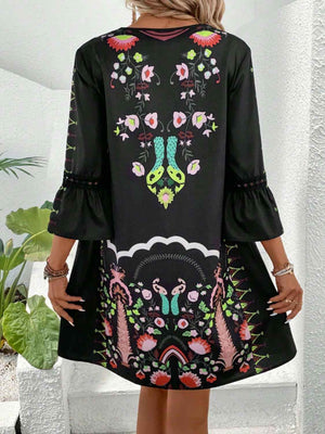 Lace Detail Printed Three - Quarter Sleeve Dress - StyleLure
