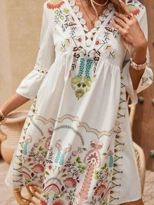 Lace Detail Printed Three - Quarter Sleeve Dress - StyleLure