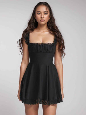 Lace Detail Square Neck Cap Sleeve Mini Dress - StyleLure