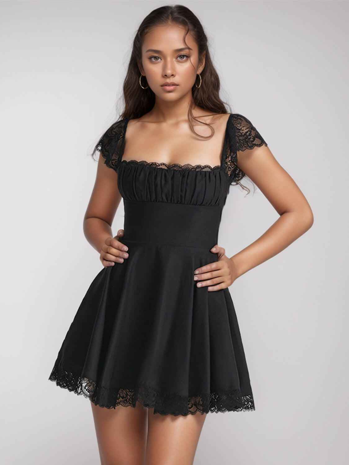 Lace Detail Square Neck Cap Sleeve Mini Dress - StyleLure