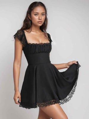 Lace Detail Square Neck Cap Sleeve Mini Dress - StyleLure