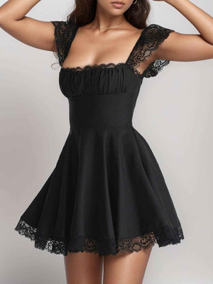 Lace Detail Square Neck Cap Sleeve Mini Dress - StyleLure