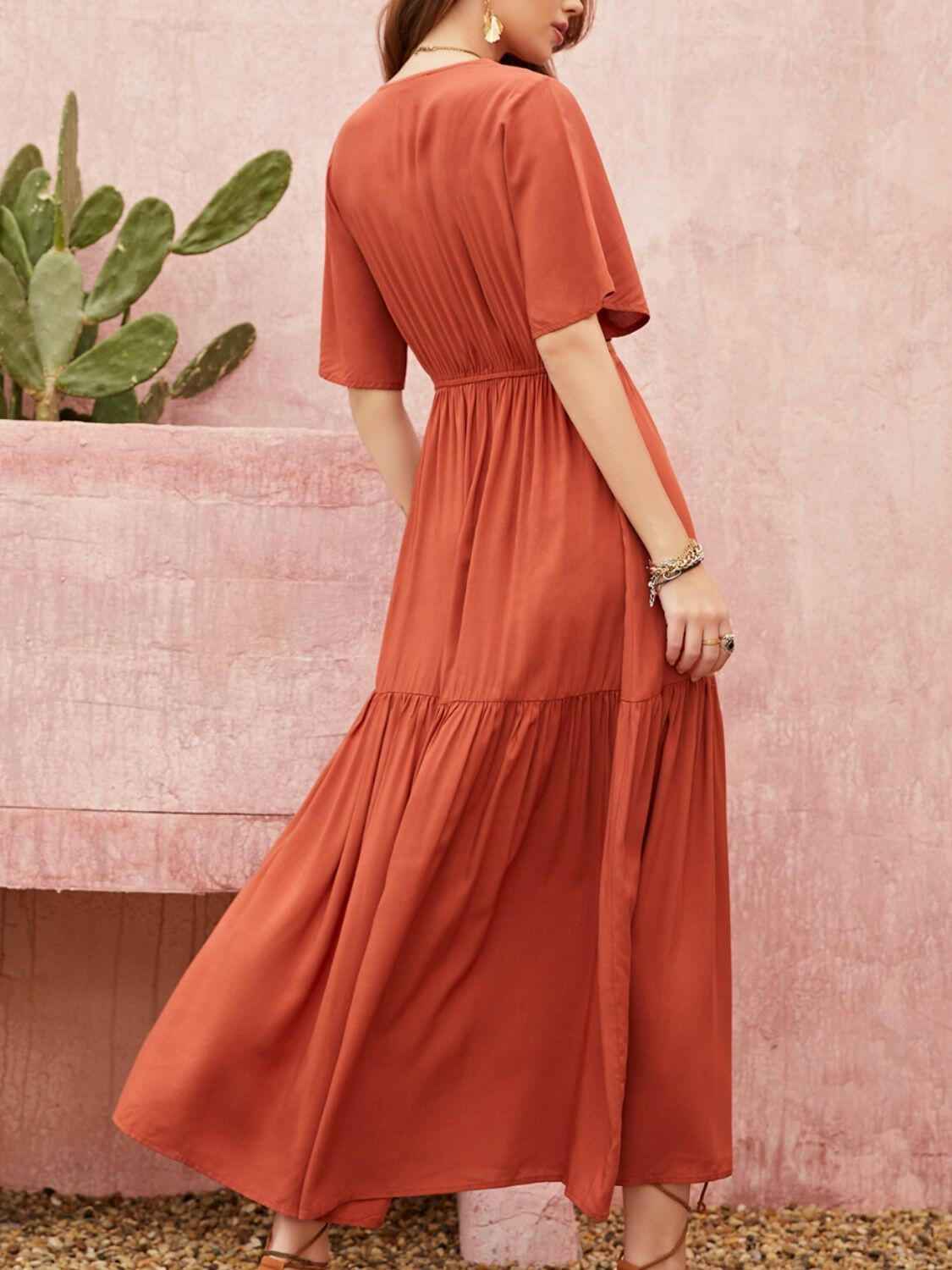 Lace Detail V - Neck Half Sleeve Midi Dress - StyleLure