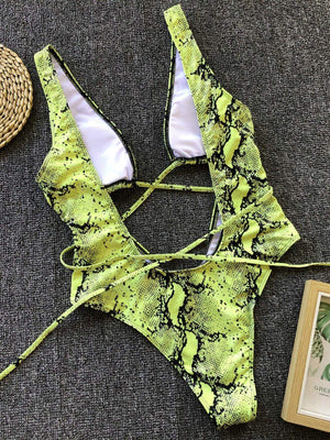 Lace - Up Backless Plunge One - Piece Swimwear - StyleLure