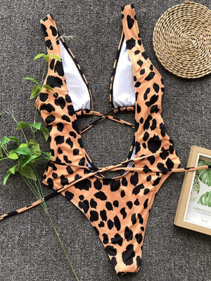 Lace - Up Backless Plunge One - Piece Swimwear - StyleLure
