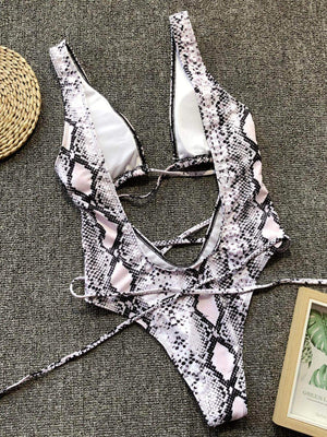 Lace - Up Backless Plunge One - Piece Swimwear - StyleLure