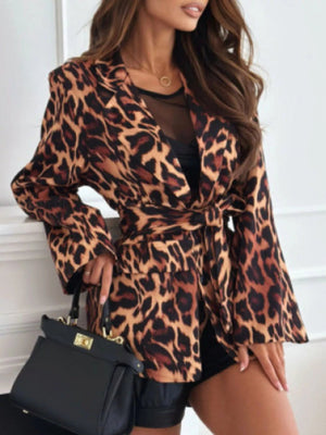 Leopard Print Tie Waist Blazer - StyleLure