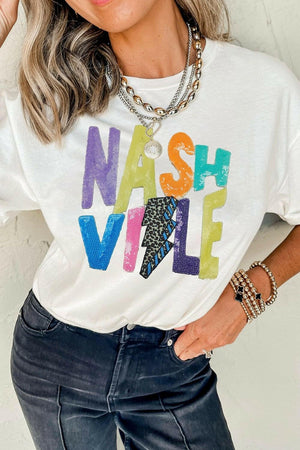 Lightening NASHVILLE Sequin Round Neck T-Shirt - StyleLure