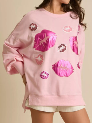 Lips Round Neck Dropped Shoulder Sweatshirt - StyleLure