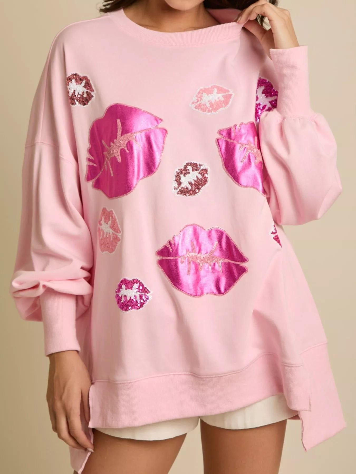 Lips Round Neck Dropped Shoulder Sweatshirt - StyleLure