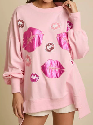 Lips Round Neck Dropped Shoulder Sweatshirt - StyleLure