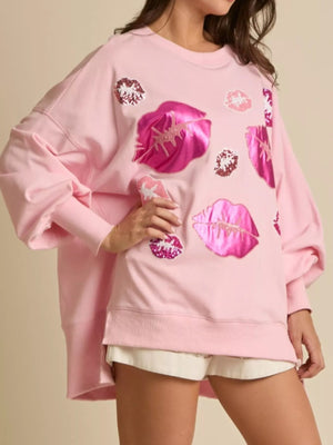 Lips Round Neck Dropped Shoulder Sweatshirt - StyleLure