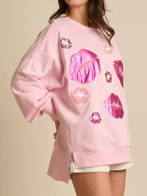 Lips Round Neck Dropped Shoulder Sweatshirt - StyleLure