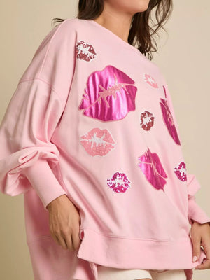 Lips Round Neck Dropped Shoulder Sweatshirt - StyleLure