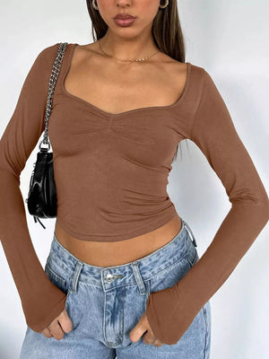Long Sleeve Sweetheart Neck Crop T-Shirt - StyleLure