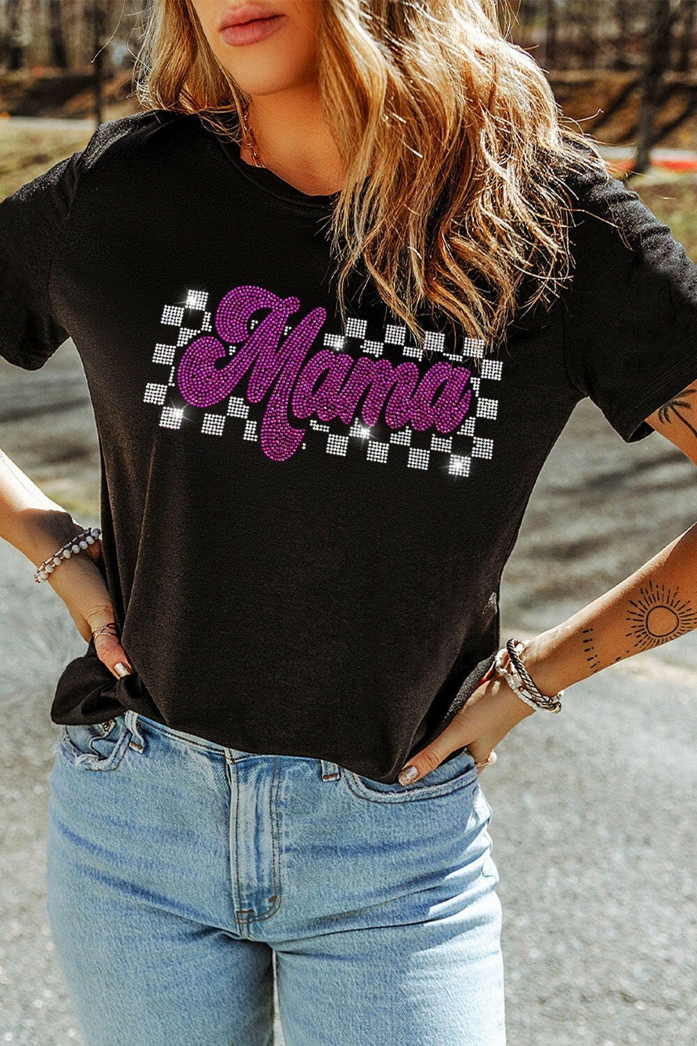 MAMA Rhinestone Letter Round Neck T-Shirt - StyleLure
