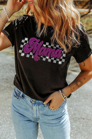 MAMA Rhinestone Letter Round Neck T-Shirt - StyleLure