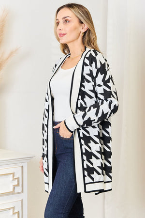 Mandy Woven Right Houndstooth Open Front Longline Cardigan - StyleLure