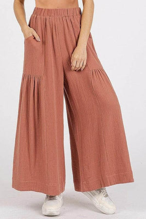 Mittoshop Gauze Elastic Waist Pleated Wide Leg Pants - StyleLure