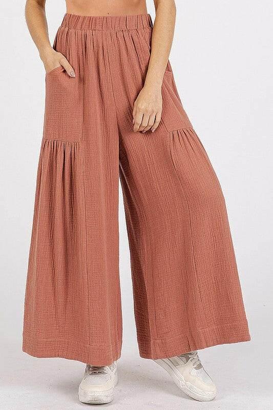 Mittoshop Gauze Elastic Waist Pleated Wide Leg Pants - StyleLure
