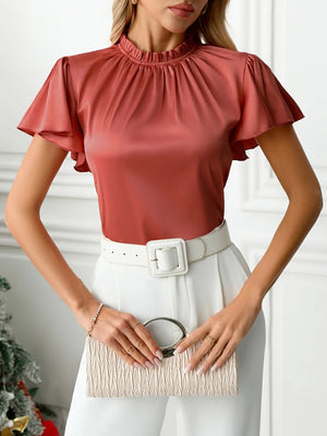 Mock Neck Flutter Sleeve Blouse - StyleLure