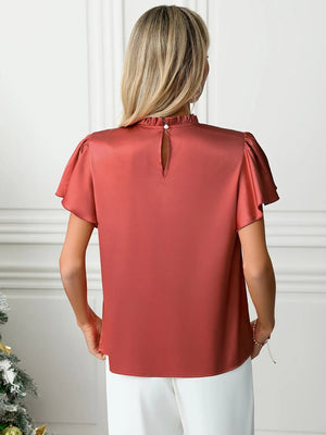 Mock Neck Flutter Sleeve Blouse - StyleLure