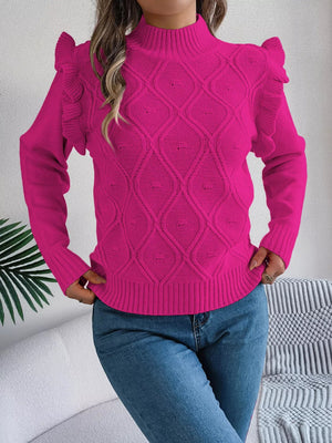 Mock Neck Ruffle Trim Long Sleeve Sweater - StyleLure