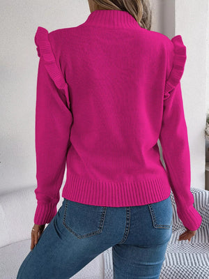 Mock Neck Ruffle Trim Long Sleeve Sweater - StyleLure