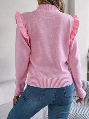 Mock Neck Ruffle Trim Long Sleeve Sweater - StyleLure
