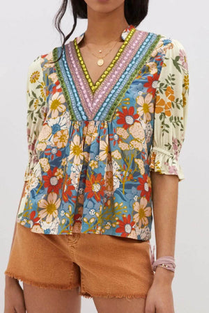 Multicolour Crochet V Neck Half Sleeve Boho Floral Blouse - StyleLure