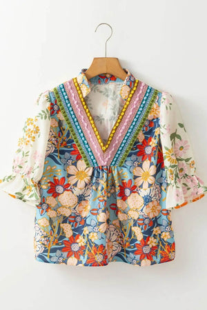 Multicolour Crochet V Neck Half Sleeve Boho Floral Blouse - StyleLure