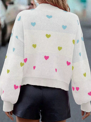 Multicolour Heart Pattern Dropped Shoulder Sweater - StyleLure