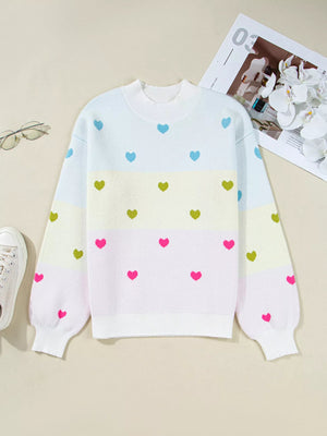 Multicolour Heart Pattern Dropped Shoulder Sweater - StyleLure