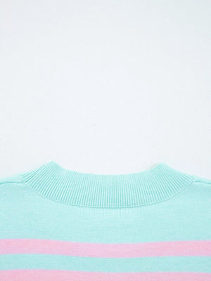 Multicolour Striped Knit Ribbed Trim Boxy Fit Cropped Sweater - StyleLure
