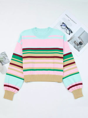 Multicolour Striped Knit Ribbed Trim Boxy Fit Cropped Sweater - StyleLure