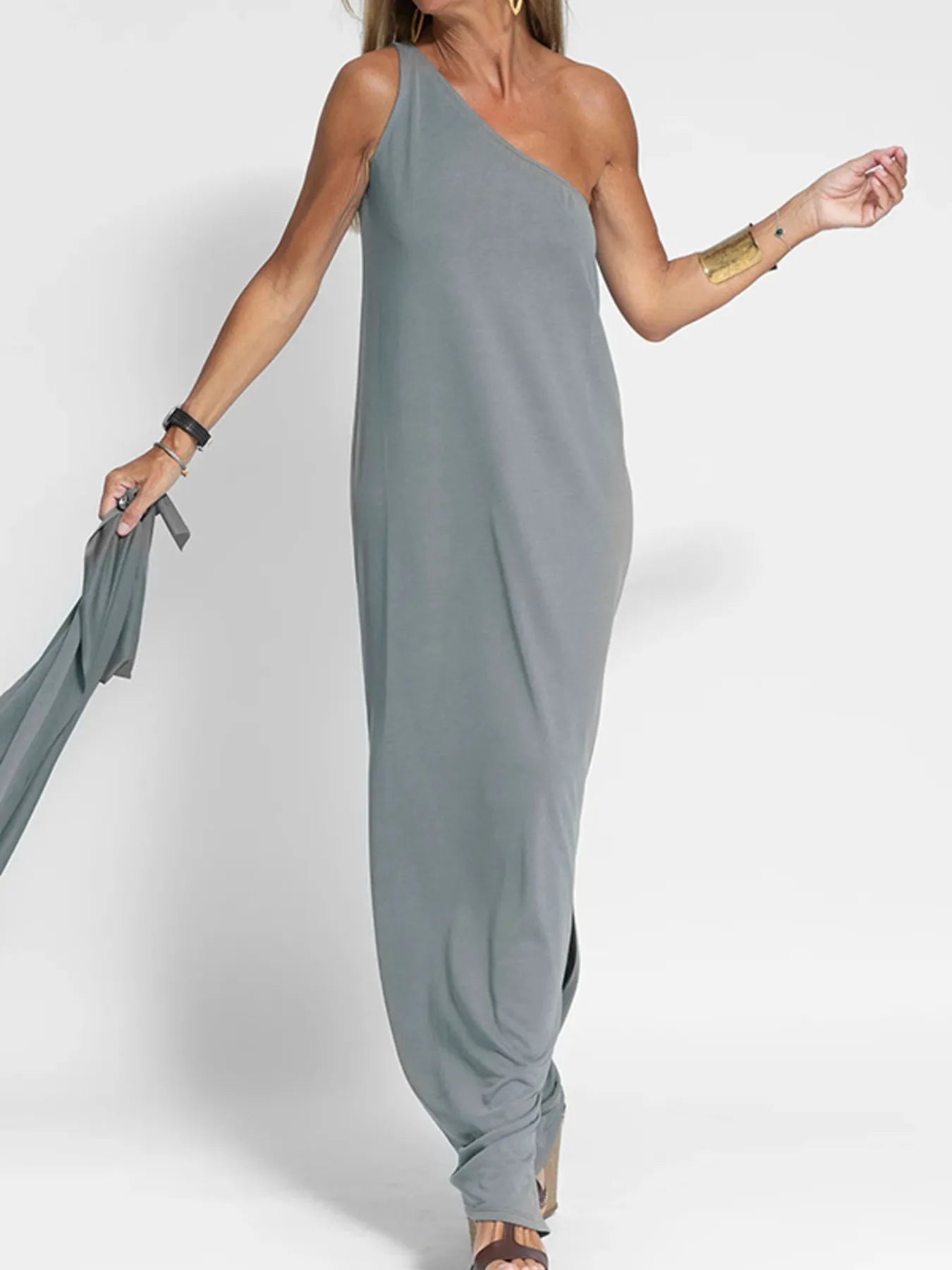 One - Shoulder Maxi Dress with Side Slit - StyleLure