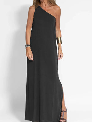 One - Shoulder Maxi Dress with Side Slit - StyleLure
