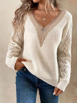 Openwork V - Neck Long Sleeve Sweater - StyleLure