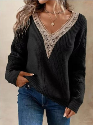 Openwork V - Neck Long Sleeve Sweater - StyleLure